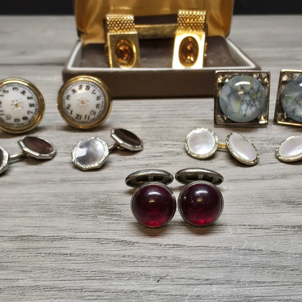 6 Vintage Mens Cufflinks Sets Lot Swank Mesh Watch Face Mother of Pearl Tie Clip
